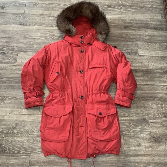 Vtg Winter Club D’hiver Cyclone Down Jacket Puffer Womens S Red Real Fur Parka - Picture 1 of 16